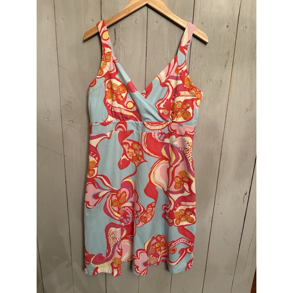 J.McLaughlin Dress Lg Zip Up Sleeveless Blue Pink Floral Print V-Neck Beach